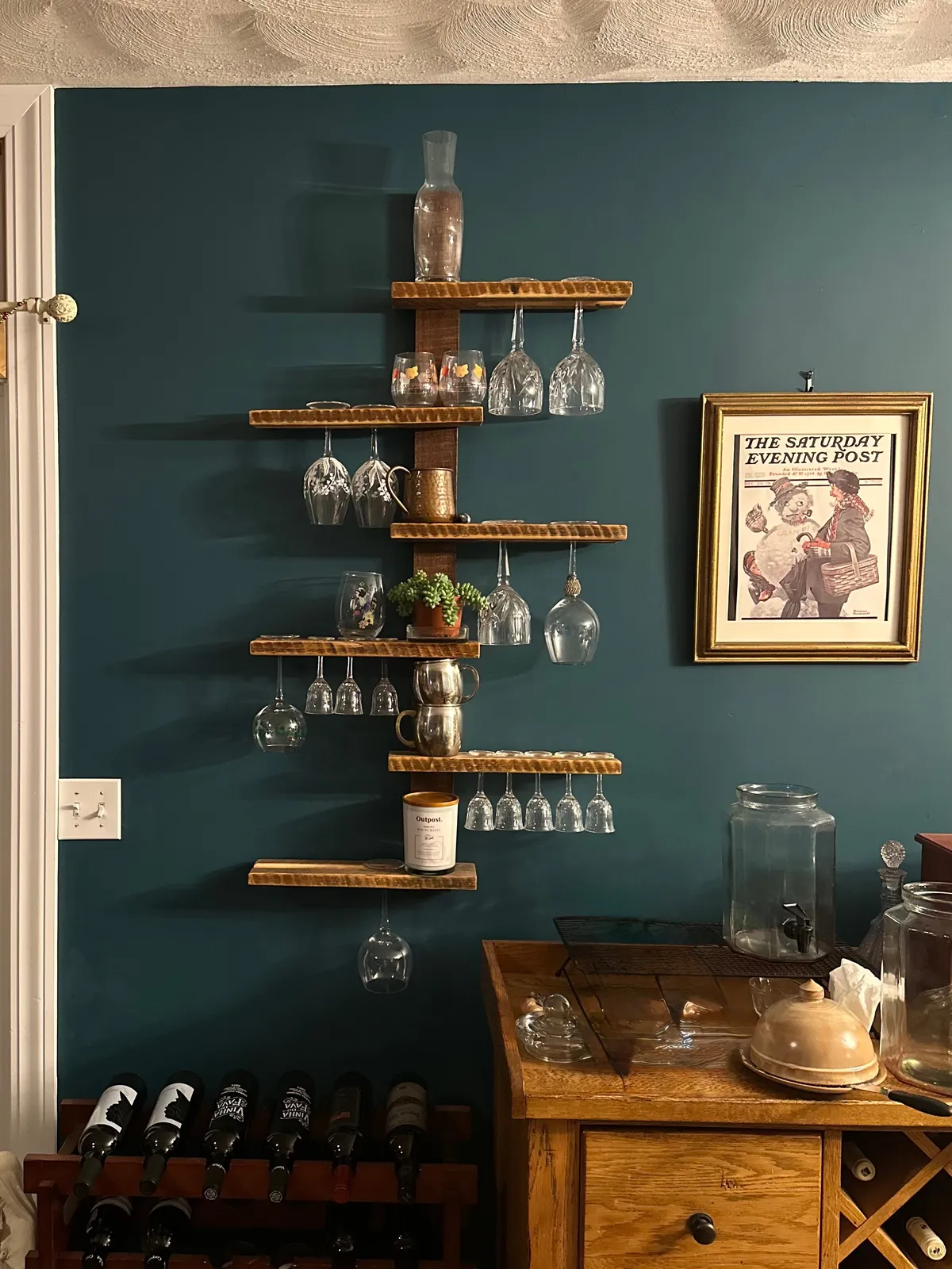 Custom wall-mounted wine glass shelf built to order by Baltimore furniture maker Tyler Jones